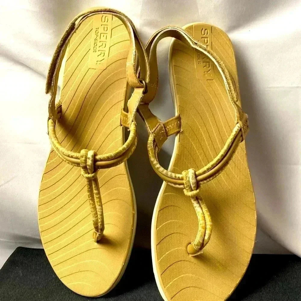 SPERRY TO SIDER‎ WO SIZE 8  GOLD THONG SANDAL ADJ ANKLE STRAP HOOK LOOP CLOSE